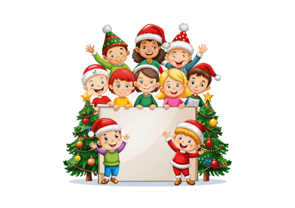Board Template with Happy Christmas Kids Illustrations