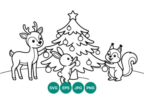 Christmas Tree with Deer Rabbit Illustrations