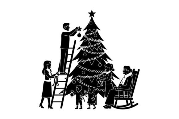 Family Decorating Christmas Tree with Si Illustrations