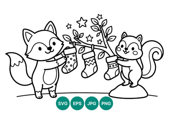 Fox and Squirrel Hanging Christmas Illustrations