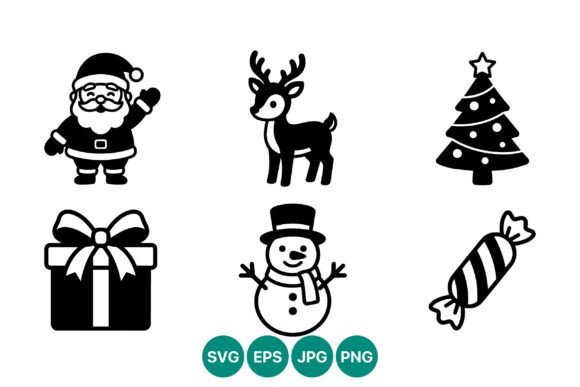 Line Art Christmas Icon Set with Santa Illustrations