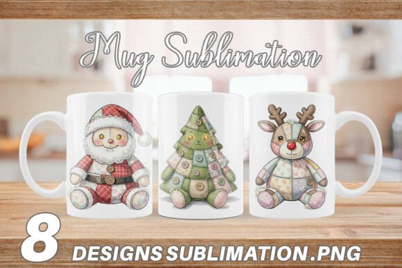 Patchwork Christmas Watercolor Mug Wrap Illustrations