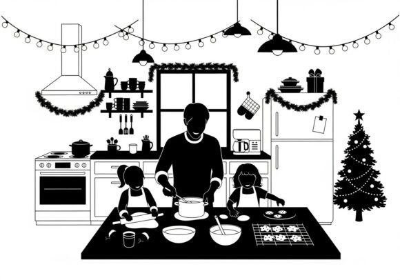 Silhouette Man Children Baking Christmas Illustrations