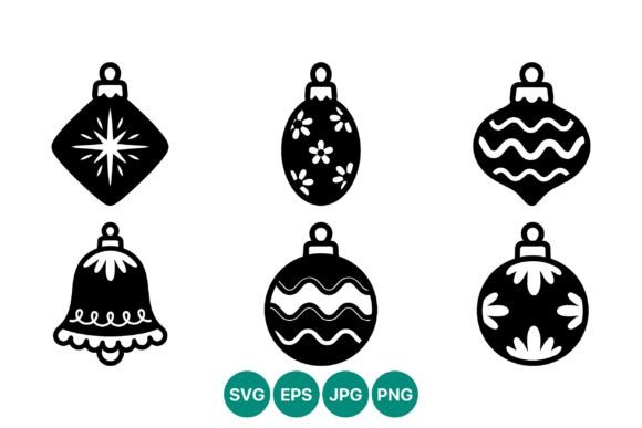 Six Black and White Christmas Ornament Illustrations