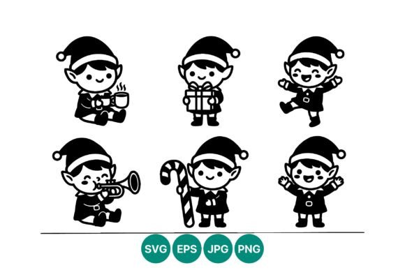 Six Christmas Elf Vector Line Art & Illustrations